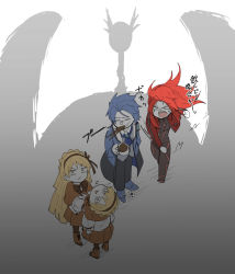 Rule 34 | 2boys, 2girls, anger vein, angry, apocalypse bird, ascot, bad id, bad pixiv id, black pants, blonde hair, blue hair, boots, capelet, chesed (project moon), coat, coffee, full body, gebura (project moon), kankan33333, lobotomy corporation, long sleeves, messy hair, multiple boys, multiple girls, non-web source, pants, project moon, puffy sleeves, punching, red hair, shadow, shirt, sketch, skirt, tiphereth a (project moon), tiphereth b (project moon), translated, white shirt