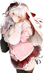 Rule 34 | 1girl, azur lane, bad id, bad pixiv id, bag, black bag, black thighhighs, blush, breasts, brown eyes, cardigan, cleavage, collarbone, cross, cross necklace, grin, hair between eyes, hair ribbon, hand up, holding, holding bag, jewelry, large breasts, long hair, looking at viewer, necklace, open mouth, pink cardigan, prinz eugen (azur lane), raru (nanaharararu), red skirt, ribbon, shirt, silver hair, skirt, smile, solo, teeth, thighhighs, twintails, upper body, white background, white shirt