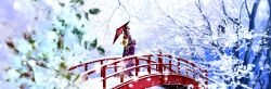 Rule 34 | 1girl, black hair, blurry, branch, bridge, commentary request, depth of field, floral print, floral print kimono, furisode, hairband, hand up, highres, holding, holding umbrella, japanese clothes, kasumigaoka utaha, kimono, long hair, long sleeves, nature, obi, oil-paper umbrella, outdoors, print kimono, purple kimono, red hairband, saenai heroine no sodatekata, sash, sion (banerye123456), snow, snowing, solo, tree, umbrella, wide sleeves, winter