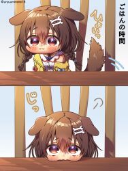 Rule 34 | 1girl, :3, animal ears, artist name, bone hair ornament, braid, brown eyes, brown hair, chibi, closed mouth, collar, dog ears, dog girl, dog tail, dot nose, fangs, hair between eyes, hair ornament, harumina mau, highres, hololive, indoors, inugami korone, inugami korone (1st costume), jacket, long hair, looking at viewer, off shoulder, pout, puffy cheeks, smile, solo, tail, tail wagging, translation request, twin braids, virtual youtuber, yellow jacket