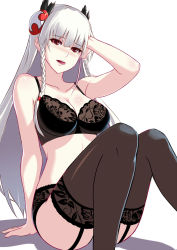 Rule 34 | 1girl, arm at side, arm support, bad id, bad pixiv id, black bra, black panties, black thighhighs, black valkyrie (p&amp;d), blunt bangs, blush, bra, braid, breasts, cleavage, collarbone, dark valkyrie (p&amp;d), eyebrows, eyelashes, floral print, garter straps, hair ornament, hand in own hair, hand on own head, highres, lace, lace bra, lace panties, long hair, looking at viewer, open mouth, panties, puuzaki puuna, puzzle &amp; dragons, red eyes, simple background, sitting, smile, solo, thighhighs, tongue, tongue out, twin braids, underwear, underwear only, valkyrie (p&amp;d), white background, white hair