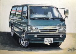 Rule 34 | absurdres, artist name, atelier 634, car, dated, green car, highres, license plate, motor vehicle, no humans, original, painting (medium), reflection, road, shadow, signature, toyota, toyota hiace, traditional media, vehicle focus