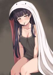 Rule 34 | 1girl, bare shoulders, black dress, black hair, blush, breasts, check commentary, cleavage, commentary, commentary request, dark background, dress, food, food in mouth, highres, idolmaster, idolmaster shiny colors, long hair, looking at viewer, mayuzumi fuyuko, medium breasts, mouth hold, orange eyes, pocky, pocky in mouth, simple background, sitting, sleeveless, sleeveless dress, smile, solo, thighs, under covers, ushimizu