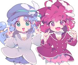 Rule 34 | 00s, 2girls, bad id, bad pixiv id, blue hair, child, coat, dress, fang, fine (futagohime), fushigiboshi no futago hime, fushigiboshi no futago hime gyu, green eyes, hat, index finger raised, long hair, low ponytail, low twintails, multiple girls, open mouth, pantyhose, pink hair, pleated skirt, pointing, ponytail, red eyes, red hair, rein (futagohime), sharp teeth, skirt, smile, teeth, twintails, vivinos, white legwear