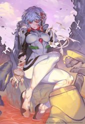 Rule 34 | 1girl, armor, ayanami rei, bandaged arm, bandages, blood, blood on face, blood on hands, bloody hand, blue hair, bodysuit, breasts, breasts apart, cockpit, day, from below, full body, hair between eyes, hairpods, hand on own head, head tilt, injury, interface headset, jet kimchrea, medium breasts, narrow waist, neon genesis evangelion, outdoors, pauldrons, plugsuit, red eyes, short hair, shoulder armor, sitting, skin tight, solo, torn bodysuit, torn clothes