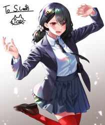 Rule 34 | 1girl, arms up, black hair, breasts, coat, eyebrows hidden by hair, formal, hair between eyes, hair ornament, hairband, hairclip, highres, ice reizou, long hair, looking at viewer, necktie, open mouth, original, red eyes, red thighhighs, school uniform, simple background, skirt, solo, standing, standing on one leg, suit, thighhighs, white background