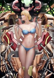 Rule 34 | 1girl, armor, audia pahlevi, blonde hair, blue bra, blue panties, bra, breasts, cleavage, disassembly, looking to the side, metroid, mole, mole under mouth, navel, nintendo, panties, power armor, samus aran, solo, stomach, underwear, undressing, varia suit