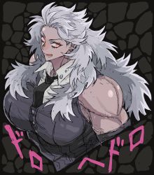 Rule 34 | 10den, 1girl, breasts, dorohedoro, grey hair, highres, large breasts, long hair, muscular, muscular female, necktie, noi (dorohedoro), red eyes, smile, solo