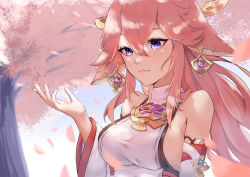 Rule 34 | 1girl, absurdres, animal ears, bare shoulders, breasts, cherry blossoms, commentary request, detached sleeves, fox ears, genshin impact, hair between eyes, hand up, highres, large breasts, long hair, outdoors, petals, pink hair, purple eyes, shirt, sleeveless, sleeveless shirt, solo, tree, upper body, white shirt, yae miko, yawww (yawwwart)