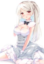 Rule 34 | 1girl, absurdres, blush, breasts, brown eyes, cleavage, conte di cavour (kancolle), conte di cavour nuovo (kancolle), dress, fuuna, gloves, highres, kantai collection, large breasts, layered dress, long hair, open mouth, silver hair, simple background, smile, solo, two-tone dress, two side up, white background, white dress, white gloves