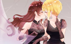 Rule 34 | 2girls, ahoge, bare shoulders, black dress, blush, breasts, brown hair, chinese commentary, cleavage, closed eyes, collarbone, commentary request, cosmetics, crazy crazy (idolmaster), curtain grab, curtains, dress, earrings, elbow gloves, fishnet gloves, fishnets, gloves, highres, holding, holding lipstick tube, ichinose shiki, idolmaster, idolmaster cinderella girls, jewelry, kiss, lazy lazy (idolmaster), lipstick tube, long hair, medium breasts, miyamoto frederica, multiple girls, qi&#039;e (penguin), see-through, see-through cleavage, short sleeves, sleeveless, sleeveless dress, smile, wavy hair, yuri