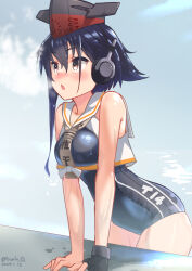 Rule 34 | 1girl, asymmetrical hair, black hair, black one-piece swimsuit, blush, brown eyes, covered navel, dated, framed breasts, gloves, hair between eyes, headphones, heavy breathing, highres, i-14 (kancolle), izumikuma, kantai collection, looking at viewer, neckerchief, one-piece swimsuit, open mouth, outdoors, partially fingerless gloves, sailor collar, school swimsuit, short hair, single glove, solo, swimsuit, twitter username, water, wet, wet clothes, wet swimsuit, white sailor collar