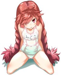 Rule 34 | 1girl, absurdres, ahoge, braid, breasts, child, full body, highres, long hair, mikusa, name tag, old school swimsuit, one-piece swimsuit, red eyes, red hair, school swimsuit, small breasts, solo, swimsuit, transparent background, twin braids, very long hair, white school swimsuit, white one-piece swimsuit, wonderland wars, yumeneko (likequana)