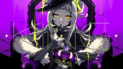 Rule 34 | 1girl, barbed wire, black capelet, black gloves, black hat, blunt bangs, capelet, chair, commentary request, crown, english text, finger to mouth, fur-trimmed capelet, fur trim, gloves, grey hair, grin, hair bun, hat, highres, holding, holding crown, hololive, king (vocaloid), long hair, long sleeves, looking at viewer, murasaki shion, murasaki shion (1st costume), nou (nounknown), official art, orange eyes, pinstripe pattern, pinstripe shirt, purple background, shirt, side bun, single hair bun, single side bun, sitting, smile, solo, song name, sparkle, striped clothes, striped shirt, teeth, throne, tilted headwear, unworn crown, upper body, vertical-striped clothes, vertical-striped shirt, very long hair, virtual youtuber, vocaloid, witch hat