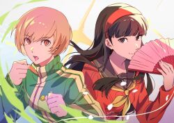 Rule 34 | 2girls, amagi yukiko, artist name, black eyes, black hair, black sailor collar, blunt bangs, brown eyes, brown hair, clenched hands, closed mouth, commentary, falling petals, green jacket, hairband, hand fan, highres, holding, holding fan, jacket, jengkay, long hair, long sleeves, looking at viewer, multiple girls, neckerchief, open mouth, persona, persona 4, petals, red hairband, red sweater, sailor collar, satonaka chie, school uniform, short hair, smile, sweater, symbol-only commentary, track jacket, upper body, yasogami school uniform, yellow neckerchief