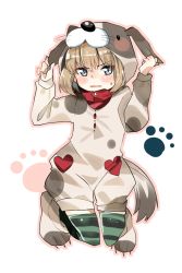 Rule 34 | 10s, 1girl, animal costume, blonde hair, blue eyes, blush, dog costume, embarrassed, girls und panzer, green thighhighs, katyusha (girls und panzer), looking at viewer, pajamas, paw print, paw shoes, shoes, short hair, solo, striped clothes, striped thighhighs, sunameri oishii, sweatdrop, thighhighs