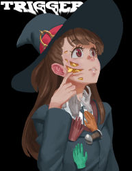 Rule 34 | 10s, 1girl, brown hair, coin, disembodied hand, doyora, gold, hat, highres, kagari atsuko, little witch academia, long hair, purple eyes, solo, surreal, trigger (company), what, witch hat