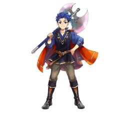 Rule 34 | 1boy, aged down, axe, black footwear, blue eyes, blue hair, brown pants, cape, collarbone, fire emblem, fire emblem: the blazing blade, fire emblem heroes, hagiya kaoru, hand on own hip, hector (fire emblem), holding, holding axe, holding weapon, looking at viewer, male focus, matching hair/eyes, nintendo, official alternate costume, official art, pants, red cape, smile, solo, standing, weapon