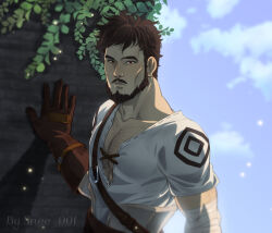 Rule 34 | 1boy, alternate eye color, bandaged arm, bandages, bara, beard, black eyes, black hair, blacksmith, chest hair, cross-laced slit, facial hair, genshin impact, gloves, leather, leather gloves, looking at viewer, male focus, mature male, muscular, muscular male, mustache, outdoors, pectoral cleavage, pectorals, red eyes, short hair, snee 001, solo, upper body, wagner (genshin impact)