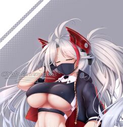 Rule 34 | 1girl, azur lane, blush, breasts, covered erect nipples, dildo, highres, jacket, large breasts, looking at viewer, mask, mouth mask, multicolored hair, prinz eugen (azur lane), prinz eugen (final lap) (azur lane), race queen, sex toy, solo, underboob, white hair, yolo generations