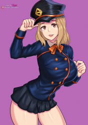 Rule 34 | 1girl, :d, alternate costume, arm up, black hat, black skirt, blonde hair, boku no hero academia, bow, breasts, brown eyes, buttons, commentary request, double-breasted, hat, large breasts, leaning forward, long hair, long sleeves, looking at viewer, miniskirt, open mouth, orange bow, orange neckwear, pink background, redjet, simple background, skirt, smile, solo, teeth, upper teeth only, utsushimi kemii, watermark, web address