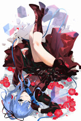 Rule 34 | 1girl, black gloves, black nails, black shirt, black skirt, blue eyes, blue hair, boots, chinese commentary, cube, flower, frilled skirt, frills, full body, gloves, highres, holding, holding microphone, hololive, hoshimachi suisei, hoshimachi suisei (shout in crisis), legs, long sleeves, looking at viewer, lying, mania (fd6060 60), microphone, official alternate costume, on back, one eye closed, red flower, shirt, side ponytail, skirt, solo, thighs, virtual youtuber