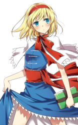 Rule 34 | 1girl, alice margatroid, bad id, bad pixiv id, blonde hair, blue eyes, book, capelet, clothes, clothes lift, dress, dress lift, female focus, green eyes, hair ribbon, holding, holding book, manle, ribbon, short hair, simple background, solo, touhou, white background