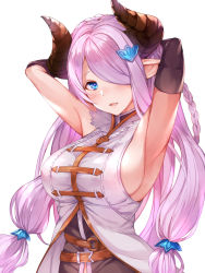 Rule 34 | 1girl, armpits, arms behind head, arms up, asymmetrical gloves, bare shoulders, belt, black dress, black gloves, blue eyes, blush, braid, breasts, draph, dress, elbow gloves, fumikiri, gloves, granblue fantasy, hair ornament, hair over one eye, highres, horns, large breasts, light purple hair, long hair, looking at viewer, low tied hair, narmaya (granblue fantasy), open mouth, pointy ears, sideboob, sidelocks, simple background, single braid, sleeveless, smile, solo, uneven gloves, vest, white background, white vest