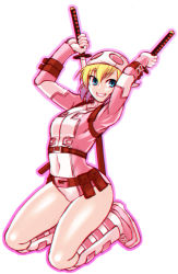 Rule 34 | 1girl, animification, belt, blonde hair, boots, chiba toshirou, chromatic aberration, dual wielding, gwenpool, holding, kneeling, leotard, looking at viewer, marvel, mask, mask on head, multicolored hair, sheath, short hair, simple background, smile, solo, sword, two-tone hair, unsheathing, utility belt, weapon, white leotard