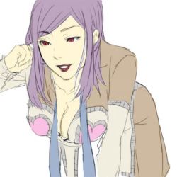 Rule 34 | 1girl, amano maya, artist request, atlus, bent over, breasts, cleavage, large breasts, lipstick, makeup, medium hair, necktie, open clothes, open shirt, persona, persona 2, purple hair, red eyes, skirt, smile, third-party edit