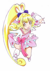 Rule 34 | 1girl, aida mana, blonde hair, bow, brooch, cosplay, cure heart, cure heart (cosplay), dokidoki! precure, eyelashes, hair ornament, half updo, heart, heart brooch, heart hair ornament, higashiyama seika, jewelry, long hair, orange eyes, pastry bag, pink bow, ponytail, precure, shimoyama takayasu, simple background, solo, suite precure, white background