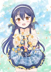 Rule 34 | 1girl, artist request, bare shoulders, blue hair, blush, character name, cowboy shot, dated, english text, female focus, flower, hair between eyes, hair ribbons, highres, love live!, love live! school idol festival, love live! school idol project, skirt, smile, solo, sonoda umi, thighhighs, yellow eyes