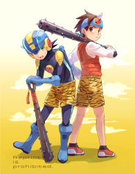 Rule 34 | 2boys, :d, absurdres, animal print, black bodysuit, black hair, blue footwear, blue headband, blue headwear, blue helmet, blush, bodysuit, boots, brown eyes, brown hair, closed mouth, club, club (weapon), commentary request, embarrassed, english text, fake horns, frown, gradient background, green eyes, happy, headband, helmet, highres, holding, holding club, holding weapon, horns, lan hikari (mega man), leaning forward, long sleeves, looking at viewer, looking back, male focus, mega man (series), mega man battle network, mega man battle network (series), megaman.exe, multiple boys, netnavi, oni horns, open mouth, orange footwear, orange vest, over shoulder, print shorts, setsubun, shirt, shoes, short hair, shorts, single horn, smile, sneakers, spiked club, spiked hair, standing, tiger print, tok nuts, twitter username, vest, watermark, weapon, weapon over shoulder, white background, white shirt, yellow background, yellow shorts