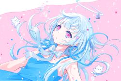 Rule 34 | 1girl, :o, air bubble, bear, blue bow, blue bowtie, blue dress, blue hair, blue halo, bow, bowtie, bubble, chibi, collarbone, dress, floating, floating hair, halo, heart, highres, light blue hair, lock, long hair, looking at viewer, original, outstretched arms, padlock, pastel colors, pinafore dress, pink background, pink eyes, sidelocks, signature, simple background, sleeveless, sleeveless dress, sparkle hair ornament, star (symbol), tareme, two-tone background, white background, yutukicom