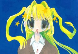 Rule 34 | 1girl, blonde hair, blood, blood on clothes, blue background, brown cardigan, cardigan, collared shirt, floating hair, hair intakes, highres, long hair, looking at viewer, momose kikuka, nosebleed, original, painting (medium), parted lips, seeing stars, shirt, simple background, single tear, solo, star (symbol), straight-on, traditional media, two side up, upper body, white shirt