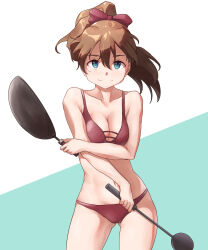 Rule 34 | 1girl, bikini, blue eyes, blush, bow, breasts, brown hair, cleavage, closed mouth, collarbone, commentary request, cowboy shot, frying pan, green background, hair bow, highres, holding, holding frying pan, holding ladle, idolmaster, idolmaster million live!, ladle, long hair, looking at viewer, medium breasts, ponytail, red bikini, red bow, satake minako, simple background, smile, solo, specinef, swimsuit, two-tone background, white background