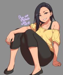 Rule 34 | 1girl, agawa ryou, arm support, artist name, bare shoulders, black footwear, black hair, black pants, brown eyes, capri pants, commentary, english commentary, grey background, grin, hair behind ear, long hair, looking at viewer, off shoulder, original, pants, shirt, sitting, smile, solo, sports bra, yellow shirt