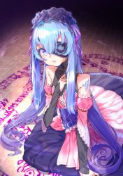 Rule 34 | 1girl, bare shoulders, blue eyes, blue hair, bright pupils, commentary request, detached sleeves, dress, eyepatch, gradient hair, hair between eyes, hair ribbon, hairband, hand on own chest, hand up, highres, kawasumi (tk2k jade), long hair, long sleeves, looking at viewer, mistral, multicolored eyes, multicolored hair, one eye covered, parted lips, purple dress, purple eyes, purple hair, purple ribbon, ribbon, shoulder tattoo, sitting, solo, tattoo, very long hair, viprpg
