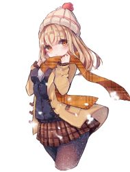 Rule 34 | 1girl, arms up, beanie, black cardigan, black pantyhose, blonde hair, blush, cardigan, coat, commission, cropped legs, hat, highres, long sleeves, looking at viewer, medium hair, pantyhose, plaid, plaid skirt, scarf, school uniform, shirt, simple background, skirt, snowflakes, solo, soulworker, white background, white shirt, winter, yellow coat, yellow eyes, yellow scarf, yomi yojo