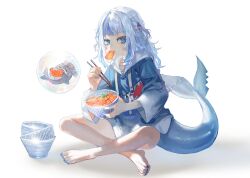 Rule 34 | 1girl, animal costume, barefoot, bloop (gawr gura), blue eyes, blue hair, blue nails, blunt bangs, bowl, bowl stack, bubble, chopsticks, crossed legs, fins, fish (food), fish tail, food, food in mouth, food on face, gawr gura, gawr gura (1st costume), hair ornament, highres, holding, holding bowl, hololive, hololive english, legs, looking at viewer, medium hair, multicolored hair, nail polish, no pants, quasarcake, rice, shark costume, shark girl, shark hair ornament, shark tail, sidelocks, stitches, streaked hair, tail, two side up, virtual youtuber, white background, white hair, wide sleeves