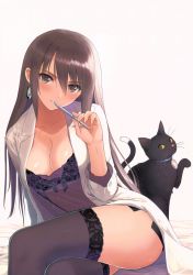 Rule 34 | 1girl, :3, absurdres, animal, arm support, black bow, black bra, black cat, blush, bow, bra, breasts, brown eyes, brown hair, brown thighhighs, cat, cleavage, coat, collarbone, colored sclera, crossed legs, earrings, front-hook bra, hair between eyes, highres, holding, holding pen, jewelry, lab coat, leaning to the side, long hair, long sleeves, looking at viewer, medium breasts, open clothes, open coat, parted lips, pen, see-through, shiny skin, sister blood, sitting, solo, straight hair, thighhighs, tony taka, underwear, whiskers, yellow sclera