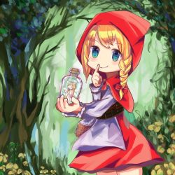 Rule 34 | 2girls, apron, blonde hair, blue eyes, blush, bottle, bow, braid, capelet, dress, fairy, fairy wings, forest, hair bow, heriet, highres, hood, mini person, minigirl, multiple girls, nature, nude, original, outdoors, red bow, red dress, side braid, single braid, smile, tree, wings
