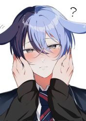 Rule 34 | 2boys, ?, animal ears, aoyagi touya, blue hair, blush, closed mouth, commentary, dark blue hair, diagonal-striped clothes, diagonal-striped necktie, grey eyes, hair between eyes, hands on another&#039;s face, highres, kamiyama high school uniform (project sekai), long sleeves, looking at viewer, male focus, mole, mole under eye, momiji 11 12, multicolored hair, multiple boys, necktie, out of frame, project sekai, rabbit ears, school uniform, shinonome akito, short hair, simple background, split-color hair, striped clothes, symbol-only commentary, two-tone hair, white background