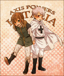Rule 34 | 1boy, 1girl, aged down, axis powers hetalia, bad id, bad pixiv id, belt, blush, boots, border, brown hair, child, cloak, crossdressing, english text, frown, green eyes, grey hair, halftone, halftone background, happy, holding hands, hungary (hetalia), leaning, leaning forward, military, military uniform, open mouth, pants, polka dot, ponytail, prussia (hetalia), red eyes, short hair, shou g, standing, standing on one leg, swept bangs, teeth, text background, text focus, tunic, uniform
