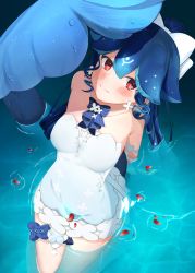 Rule 34 | 1girl, :3, absurdres, arms behind back, bao (vtuber), bao (vtuber) (3rd costume), bare shoulders, blue hair, blush, breasts, cetacean tail, closed mouth, collarbone, dress, drill hair, drill sidelocks, earrings, fins, fish tail, floral dress, flower earrings, from above, hair between eyes, highres, jewelry, leaning back, long hair, looking at viewer, medium breasts, necklace, original, petals, petals on liquid, ponytail, red eyes, short dress, sidelocks, smile, solo, strapless, strapless dress, tail, tight clothes, tight dress, very long hair, virtual youtuber, wading, wakamezake, whale, zephryion