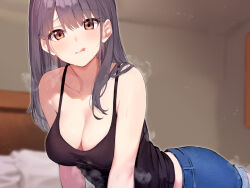 Rule 34 | 1girl, :p, arito arayuru, bare arms, bed, bedroom, black hair, black tank top, blue shorts, blurry, blurry background, breasts, brown eyes, ceiling, cleavage, collarbone, denim, denim shorts, hair between eyes, highres, indoors, licking lips, long hair, looking at viewer, medium breasts, non-web source, original, pillow, shorts, solo, steaming body, tank top, tongue, tongue out