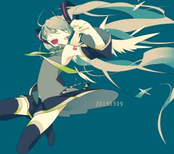 Rule 34 | 10s, 1girl, 39, 2013, boots, dated, detached sleeves, green eyes, green hair, hatsune miku, long hair, matching hair/eyes, mochizuki kei, necktie, open mouth, simple background, skirt, solo, thigh boots, thighhighs, twintails, very long hair, vocaloid