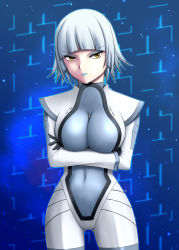 Rule 34 | 1girl, bodysuit, breast hold, breasts, crossed arms, impossible clothes, large breasts, miniskirt pirates, navel, quartz christie, short hair, silver hair, solo, vision (artist), yellow eyes