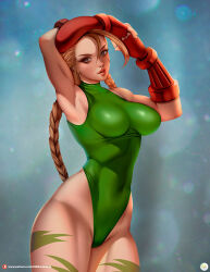 Rule 34 | 1girl, ass, blonde hair, braid, breasts, cammy white, curvy, didi esmeralda, hat, highleg, highleg leotard, impossible clothes, large breasts, leotard, lips, long hair, parted lips, shiny skin, skin tight, smile, solo, street fighter, thighs, thong leotard, twin braids, very long hair, wide hips