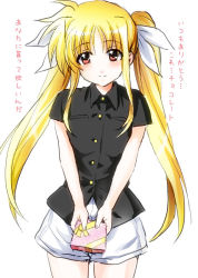 Rule 34 | 1girl, blonde hair, blush, box, cowboy shot, fate testarossa, gift, gift box, hair ribbon, long hair, looking at viewer, lyrical nanoha, mahou shoujo lyrical nanoha, red eyes, ribbon, rinoko, short sleeves, shorts, simple background, smile, solo, translation request, twintails, valentine, white background